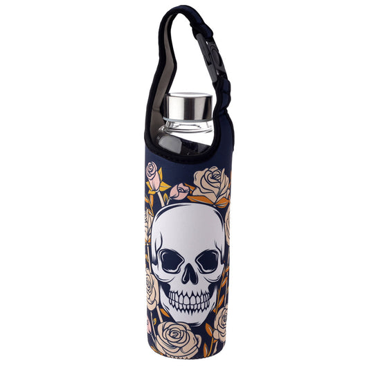 Reusable 500ml Glass Water Bottle with Protective Neoprene Sleeve - Skulls and Roses