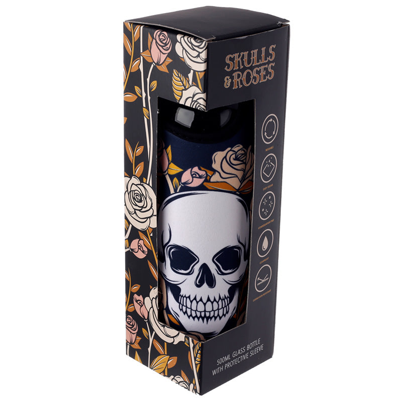 Reusable 500ml Glass Water Bottle with Protective Neoprene Sleeve - Skulls and Roses