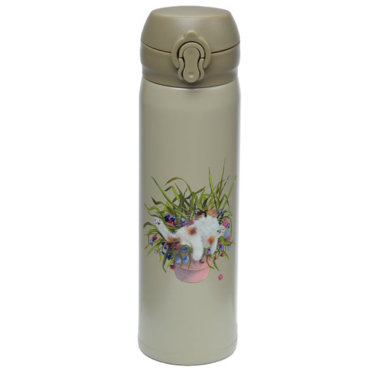 Reusable Push Top Stainless Steel Hot and Cold Thermal Insulated Drinks Bottle - Kim Haskins Floral Cat Green