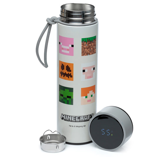 Reusable Stainless Steel Hot and Cold Insulated Drinks Bottle Digital Thermometer - Minecraft Faces