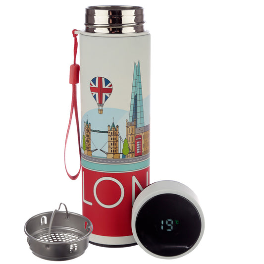 Reusable Stainless Steel Hot and Cold Insulated Drinks Bottle Digital Thermometer - London Icons