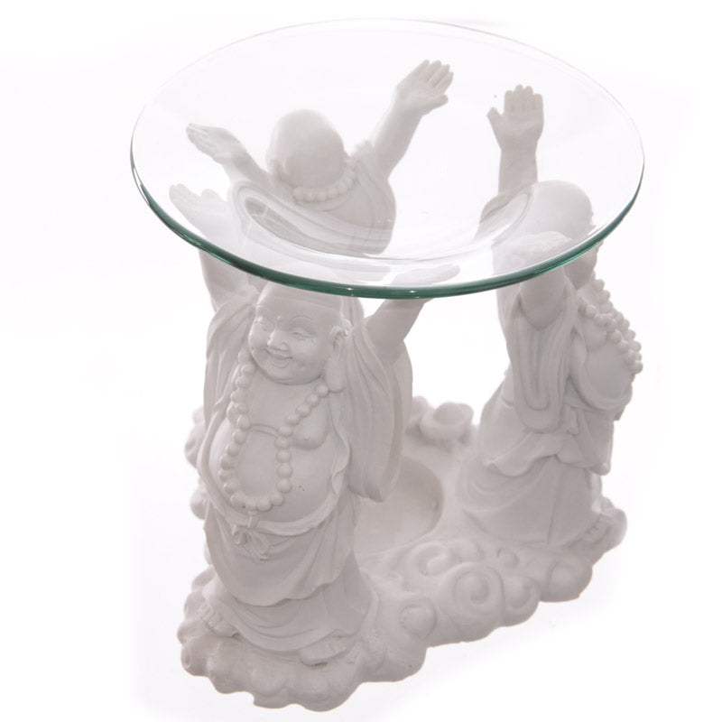 Decorative White Chinese Buddha Oil and Wax Burner with Glass Dish