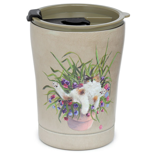 Reusable Stainless Steel Insulated Food  and  Drinks Cup 300ml - Kim Haskins Floral Cat Green