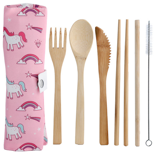 100% Natural Bamboo Cutlery 6 Piece Set - Enchanted Rainbow Unicorn