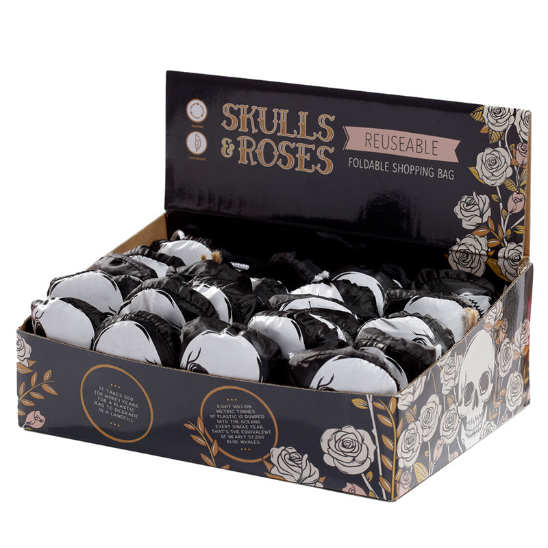 Handy Fold Up Skulls and Roses Shopping Bag with Holder