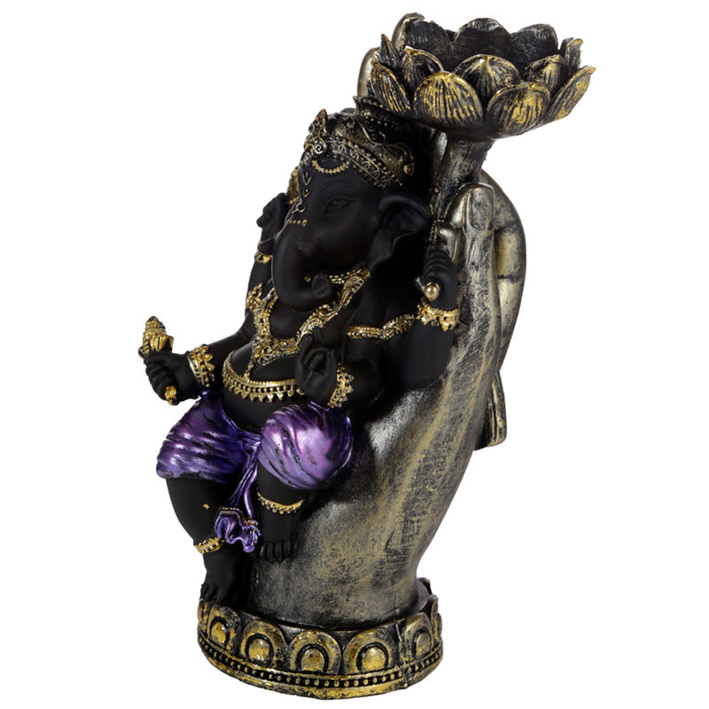 Decorative Purple, Gold and Black Ganesh - Lotus Tea Light Holder