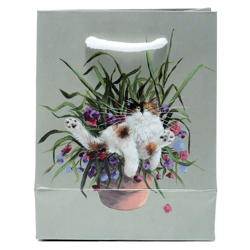 Kim Haskins Floral Cat in Plant Pot Green Gift Bag - Small