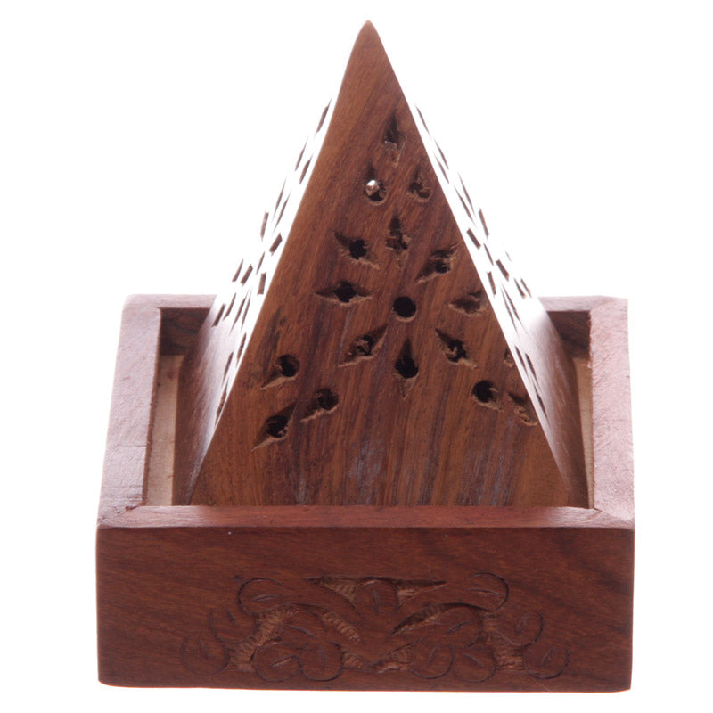 Pyramid Sheesham Wood Incense Cone Box with Fretwork