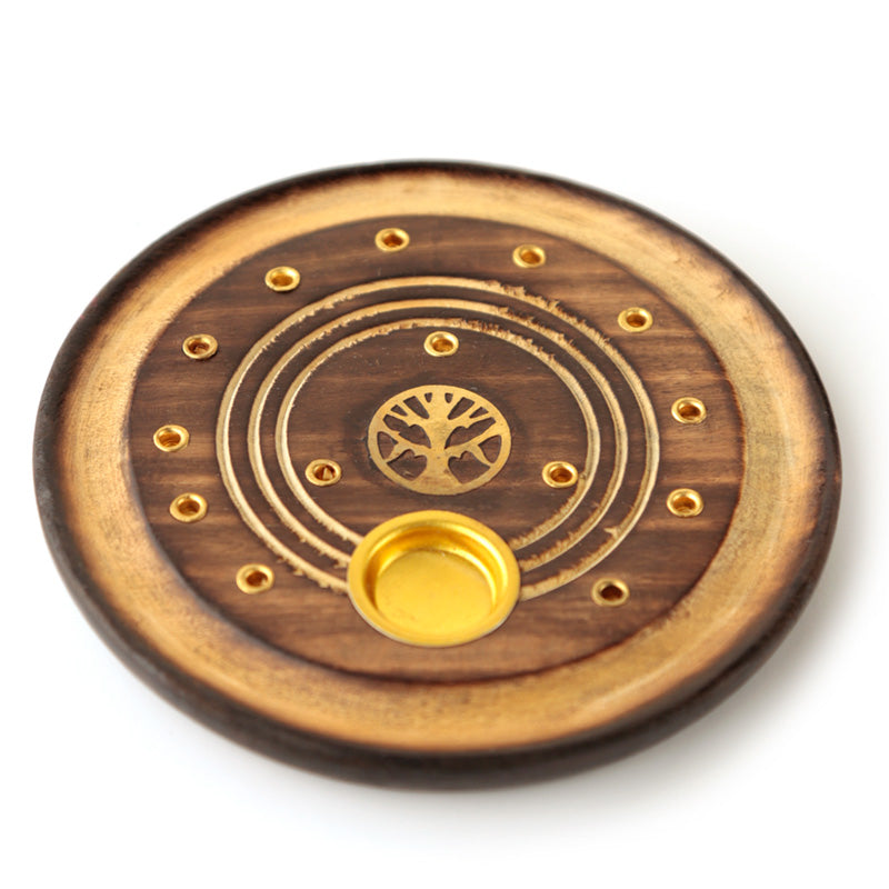 Decorative Round Tree of Life Wooden Incense Burner Ash Catcher