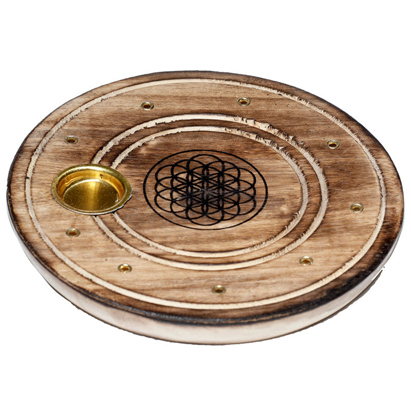 Mango Wood Round Flower of Life Ashcatcher Incense Sticks and Cones Burner