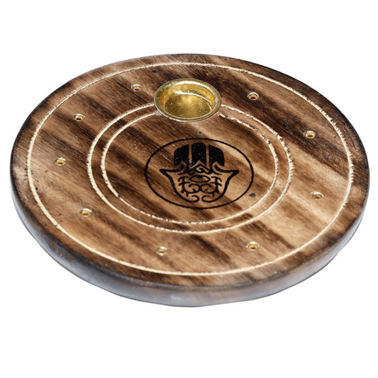 Mango Wood Round Hamsa Ashcatcher Incense Sticks and Cones Burner