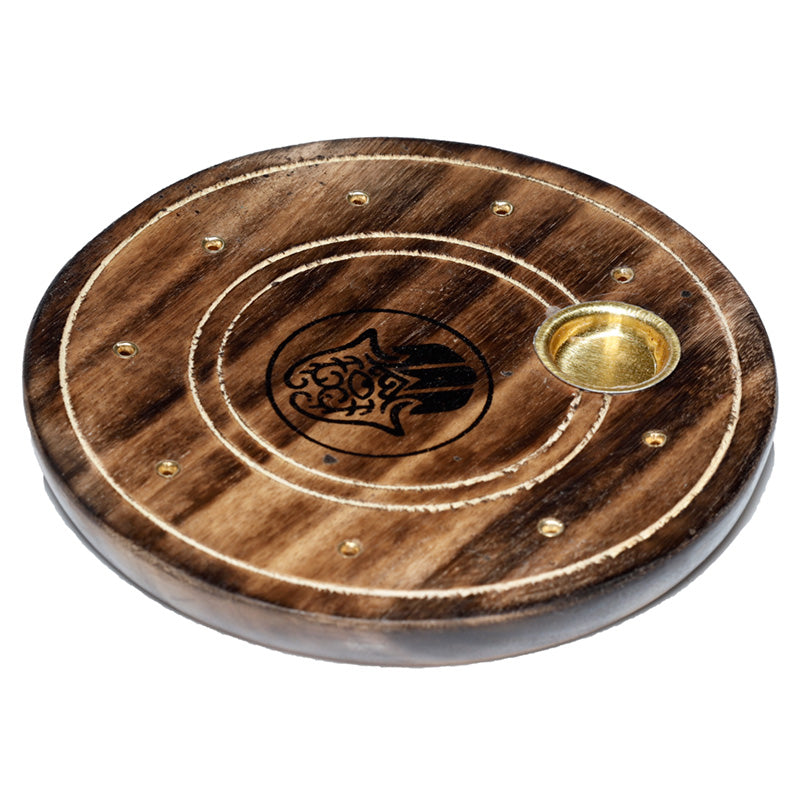 Mango Wood Round Hamsa Ashcatcher Incense Sticks and Cones Burner