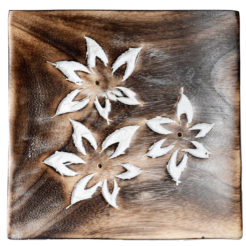 Mango Wood Square Carved Flowers Ashcatcher Incense Sticks Burner