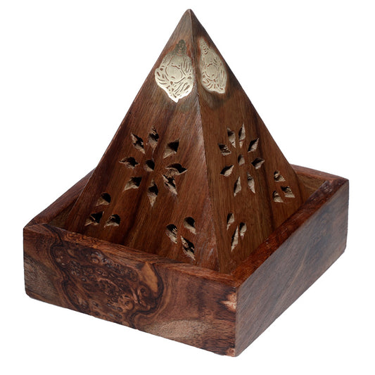 Sheesham Wood Pyramid Incense Cone Burner Box with Buddha  and  Fretwork