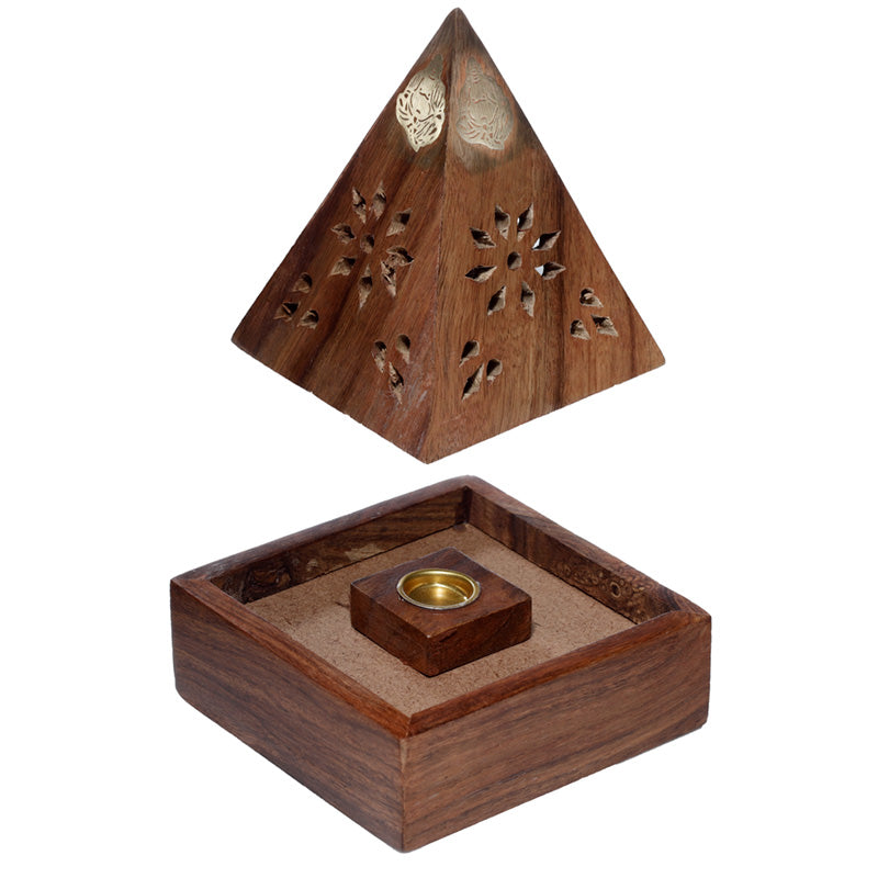 Sheesham Wood Pyramid Incense Cone Burner Box with Buddha and Fretwork