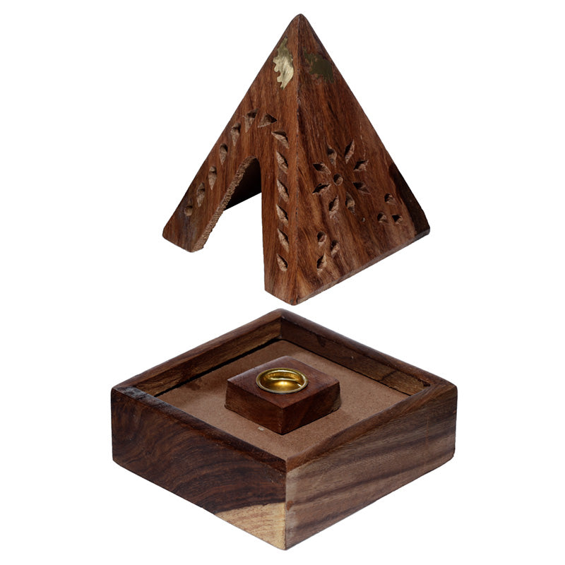 Sheesham Wood Pyramid Incense Cone Burner Box with Elephant