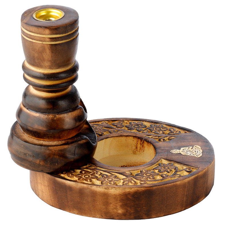 Carved Mango Wood Backflow Incense Burner - Flower Garden