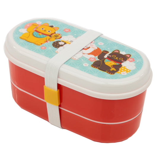 Bento Lunch Box with Fork and Spoon - Maneki Neko Lucky Cat