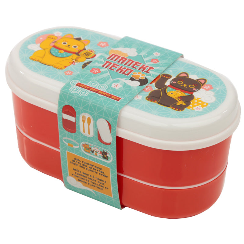 Bento Lunch Box with Fork and Spoon - Maneki Neko Lucky Cat