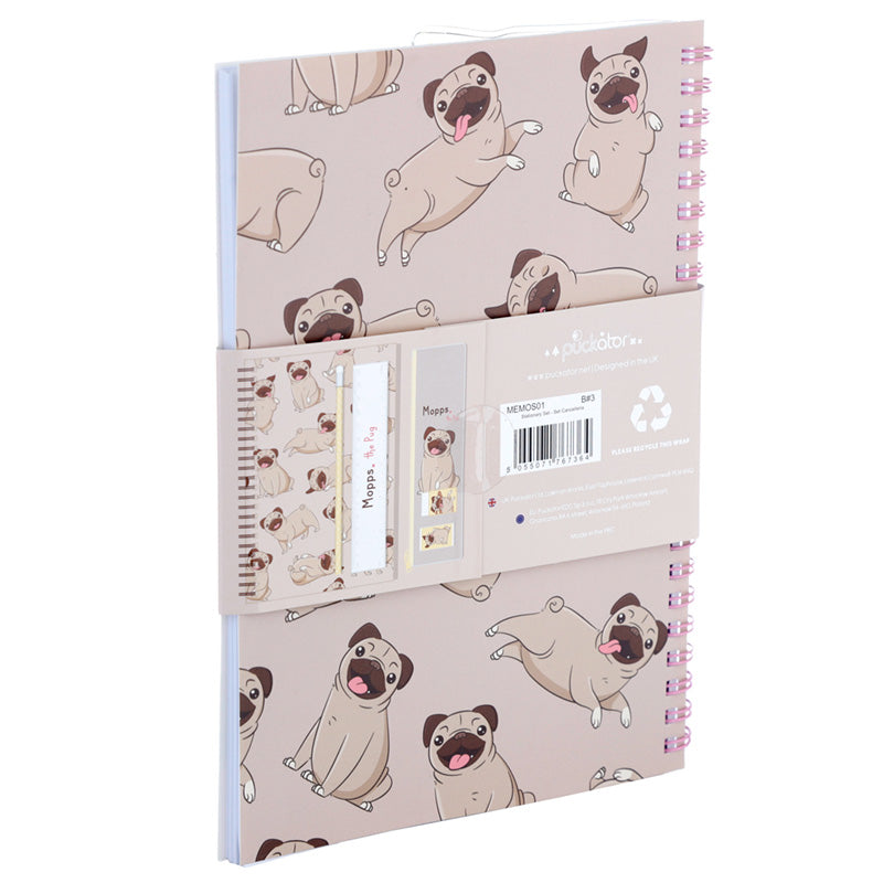 Ring Bound Notepad and Pencil Case 6 Piece Stationery Set - Mopps Pug