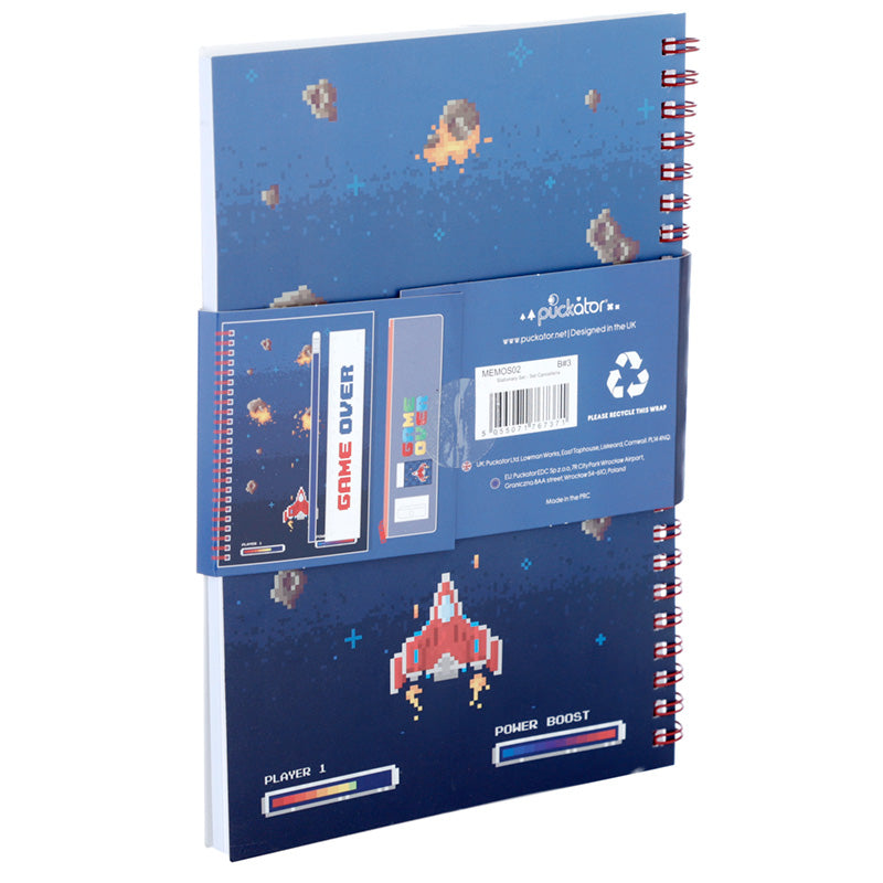Ring Bound Notepad and Pencil Case 6 Piece Stationery Set - Game Over