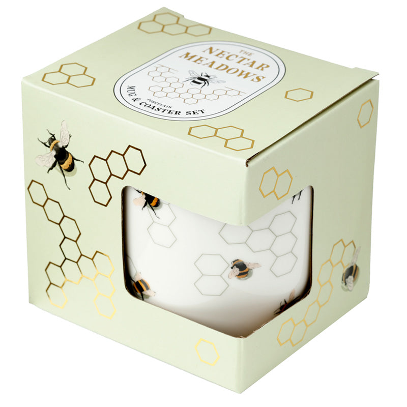 Porcelain Mug and Coaster Set - Nectar Meadow Bee