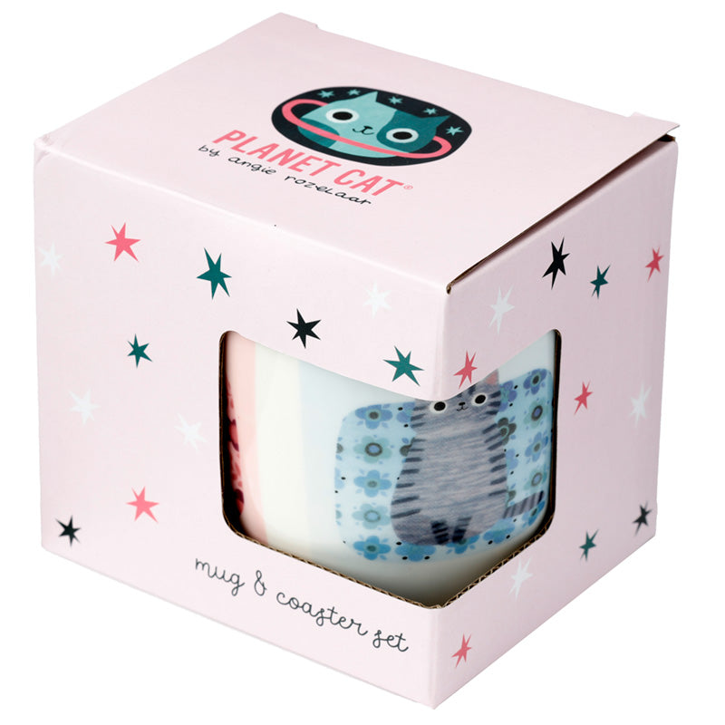 Porcelain Mug and Coaster Set - Angie Rozelaar Planet Cat