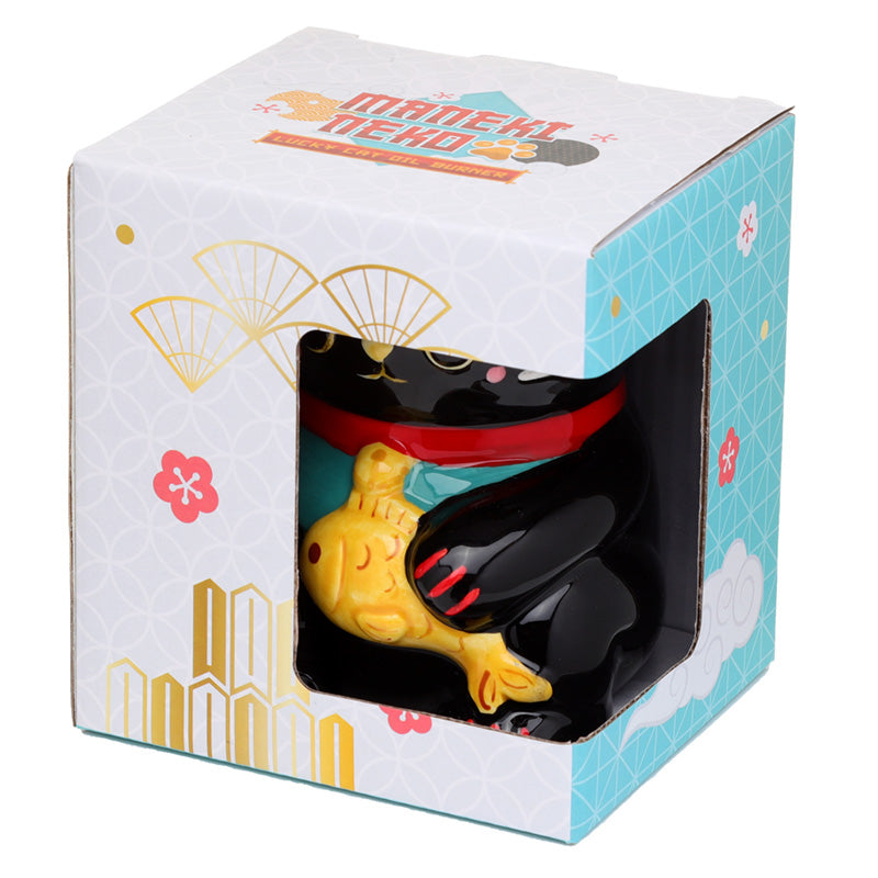 Ceramic Black Maneki Neko Lucky Cat Oil Burner