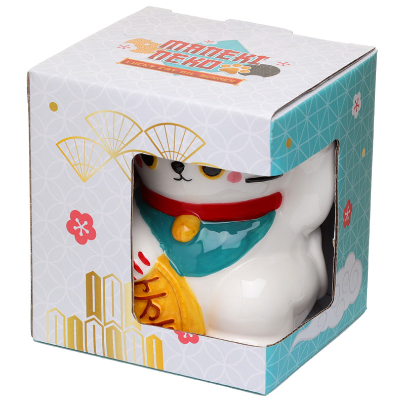 Ceramic White Maneki Neko Lucky Cat Oil Burner