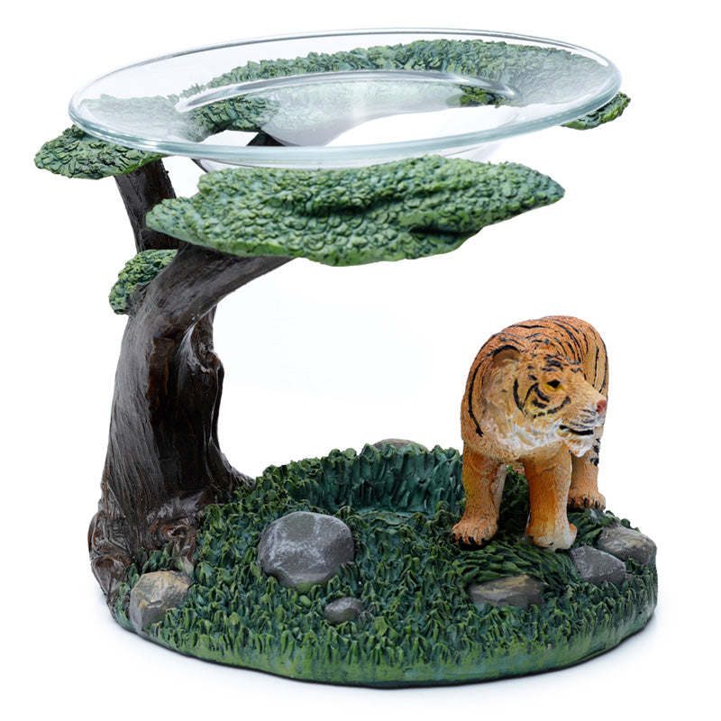 Tiger with Tree Resin Oil and Wax Burner with Glass Dish