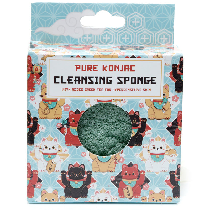 Pure Konjac Cleansing Sponge with Green Tea for Sensitive Skin - Maneki Neko Lucky Cat