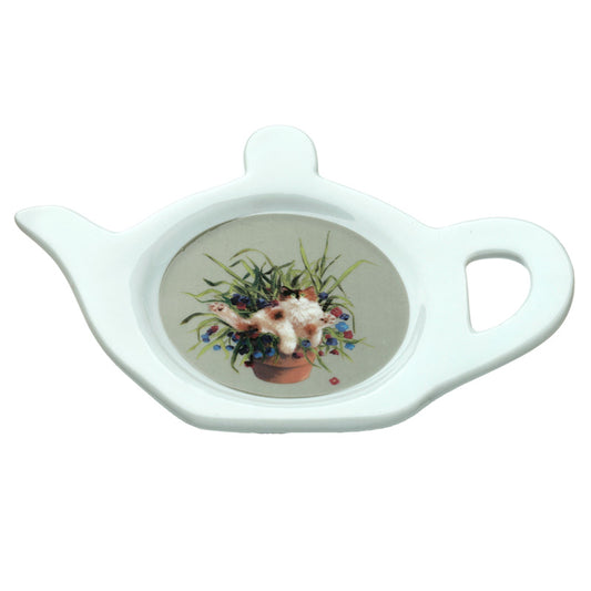 Porcelain Teabag Dish/Holder - Kim Haskins Cat in Plant Pot Green