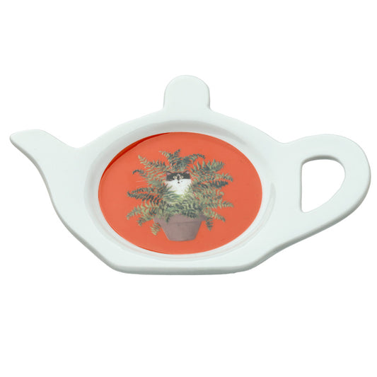 Porcelain Teabag Dish/Holder - Kim Haskins Cat in Plant Pot Red