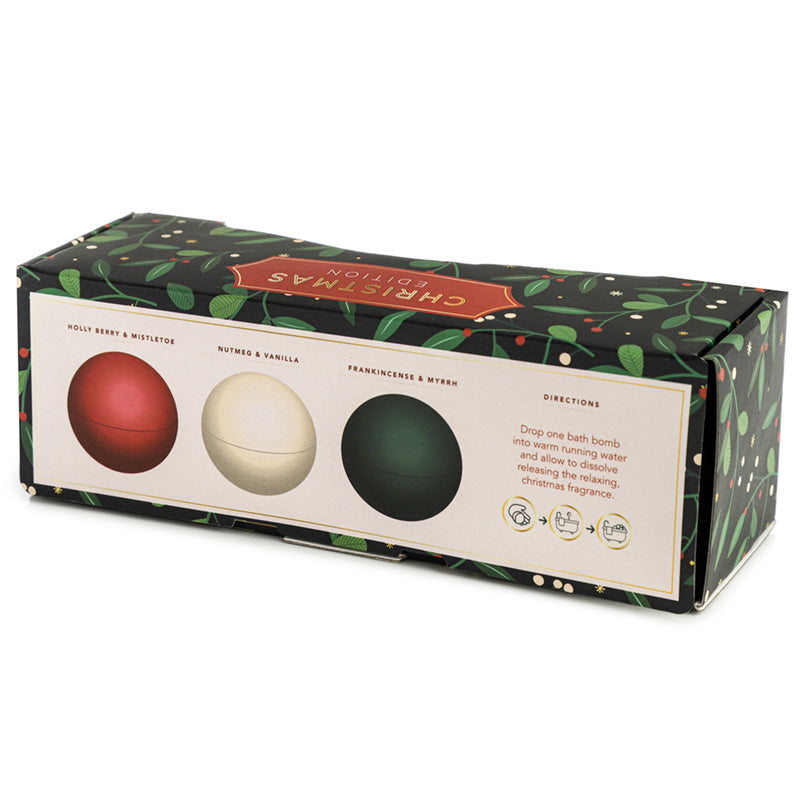 Handmade Christmas Bath Bomb Set of 3 - Holly and Mistletoe, Vanilla and Nutmeg, Frankincense and Myrrh