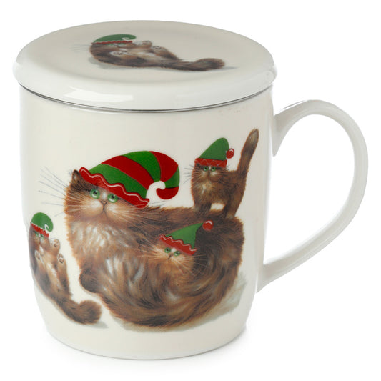 Porcelain Mug and Infuser Set - Kim Haskins Christmas Elf Cats