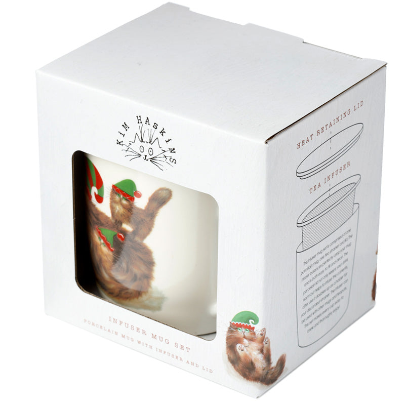 Porcelain Mug and Infuser Set - Kim Haskins Christmas Elf Cats