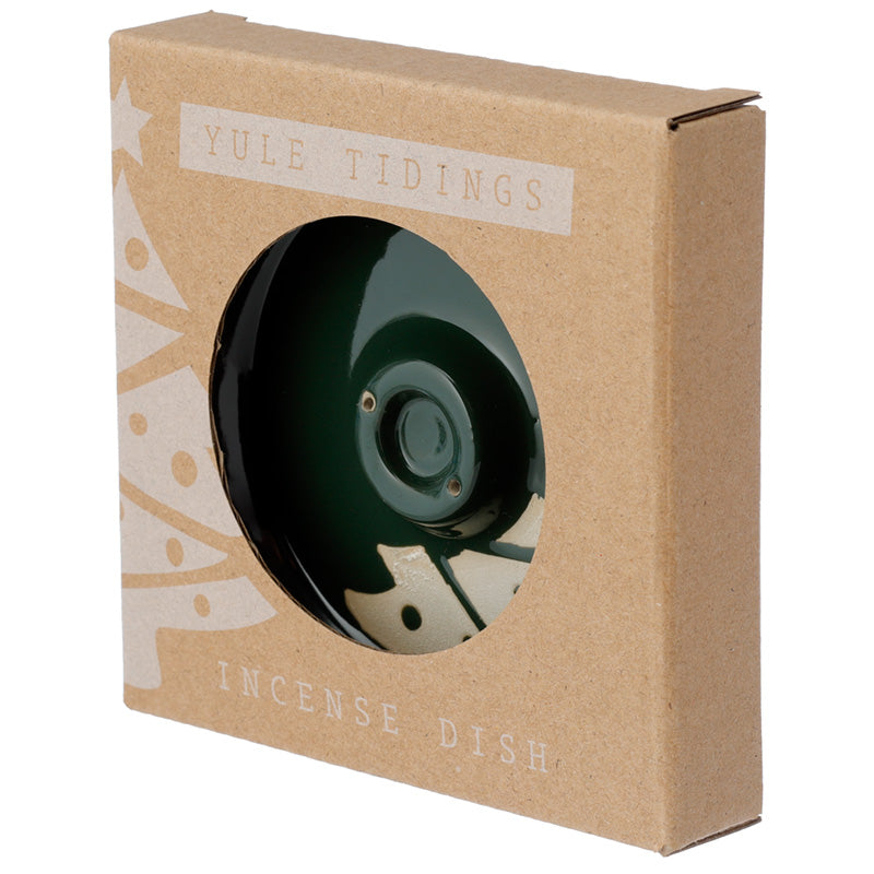 Stoneware Ashcatcher Incense Sticks and Cones Burner Dish - Christmas Tree Green Glaze Relief