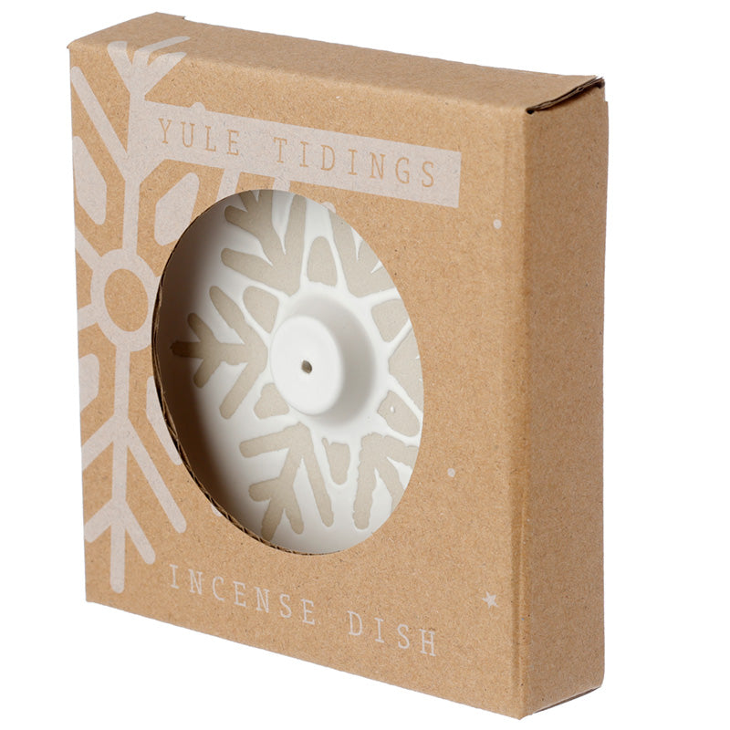 Stoneware Ashcatcher Incense Sticks and Cones Burner Dish - Christmas Snowflake White Glaze Relief