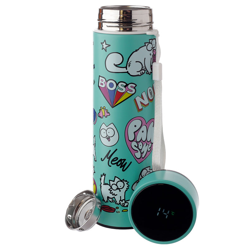 Reusable Stainless Steel Hot  and  Cold Insulated Drinks Bottle Digital Thermometer - Simon's Cat