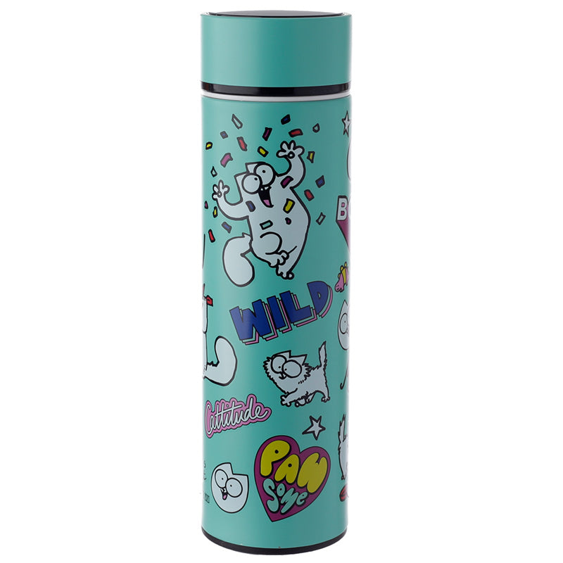 Reusable Stainless Steel Hot  and  Cold Insulated Drinks Bottle Digital Thermometer - Simon's Cat