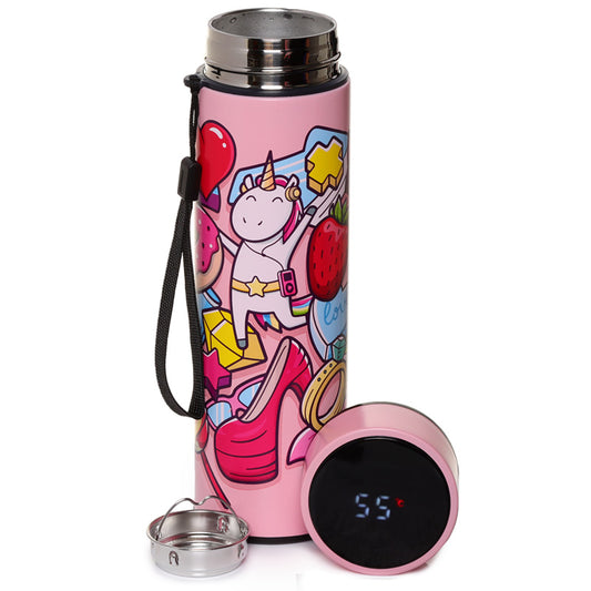 Reusable Stainless Steel Hot  and  Cold Insulated Drinks Bottle Digital Thermometer - Sweet Teens Unicorn