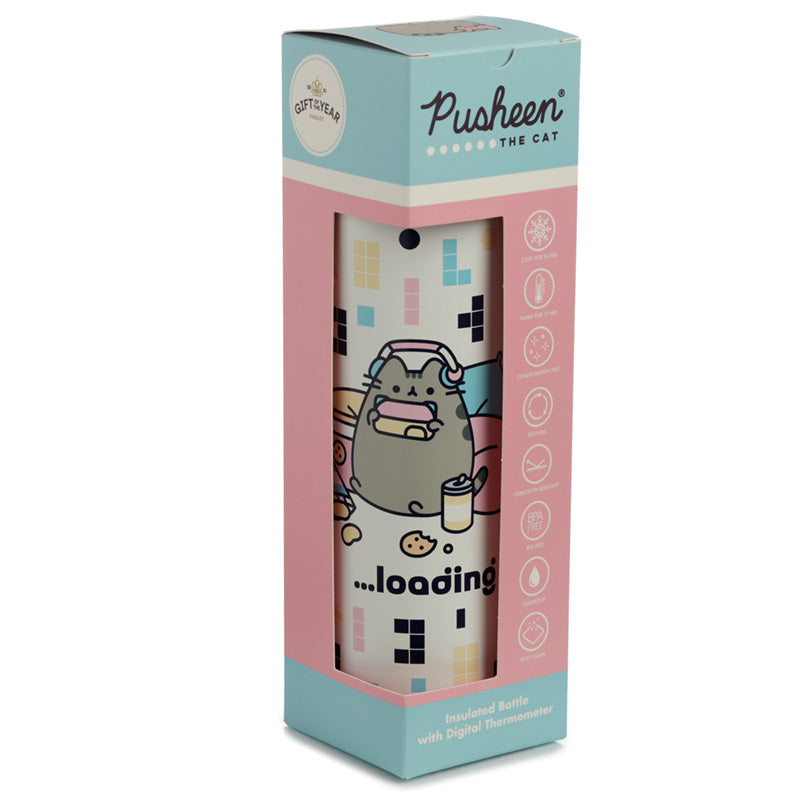 Reusable Stainless Steel Hot  and  Cold Insulated Drinks Bottle Digital Thermometer - Pusheen the Cat Gaming