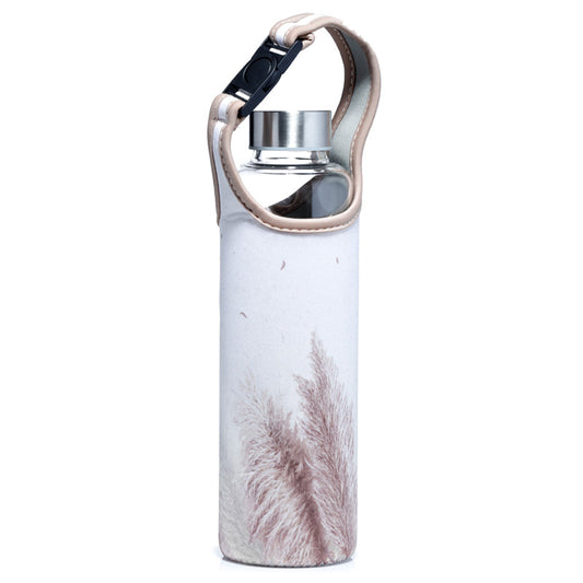 Reusable 500ml Glass Water Bottle with Protective Neoprene Sleeve - Pampas Grass