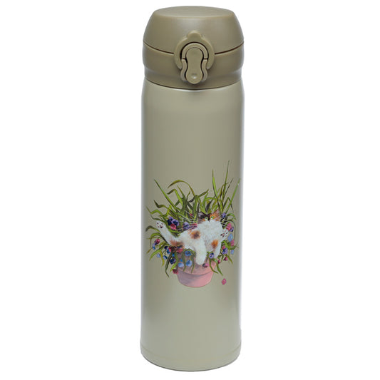 Reusable Push Top Stainless Steel Hot  and  Cold Thermal Insulated Drinks Bottle - Kim Haskins Floral Cat Green