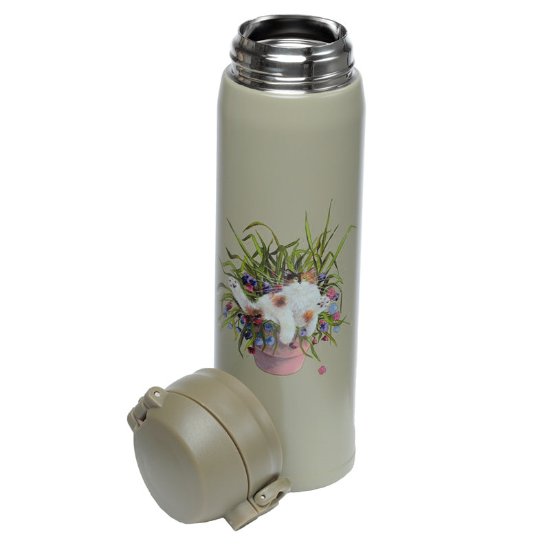 Reusable Push Top Stainless Steel Hot  and  Cold Thermal Insulated Drinks Bottle - Kim Haskins Floral Cat Green