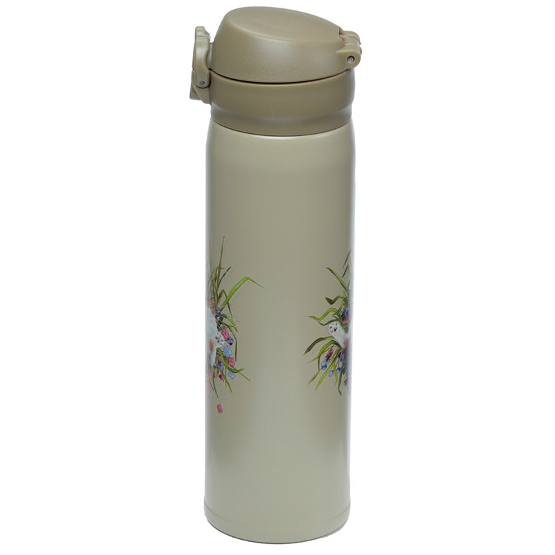 Reusable Push Top Stainless Steel Hot  and  Cold Thermal Insulated Drinks Bottle - Kim Haskins Floral Cat Green