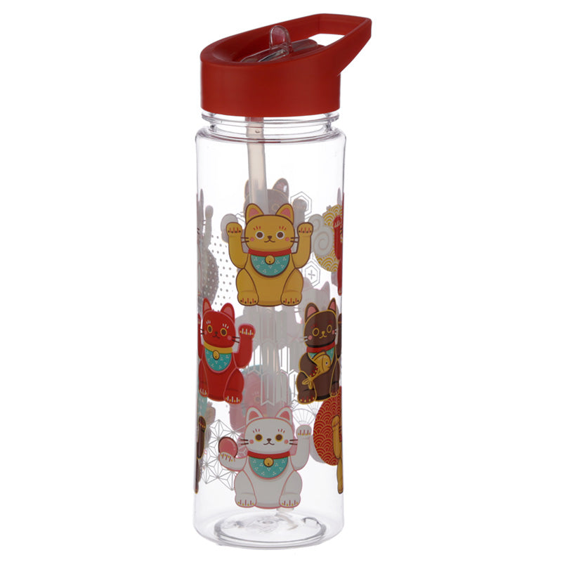 Reusable Maneki Neko Lucky Cat 550ml Water Bottle with Flip Straw