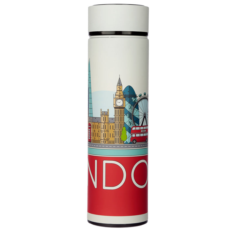 Reusable Stainless Steel Hot  and  Cold Insulated Drinks Bottle Digital Thermometer - London Icons