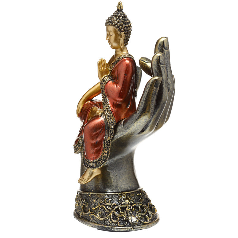 Decorative Thai Buddha Figurine - Gold and Red Sitting in a Hand