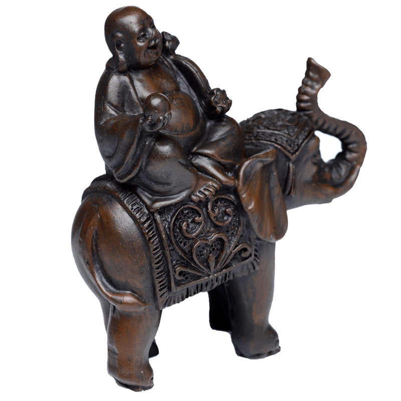 Peace of the East Brushed Wood Effect Lucky Buddha on Elephant